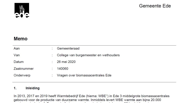 Raadsmemo Ede over Warmtebedrijf Ede en duurzame energie installaties Ede